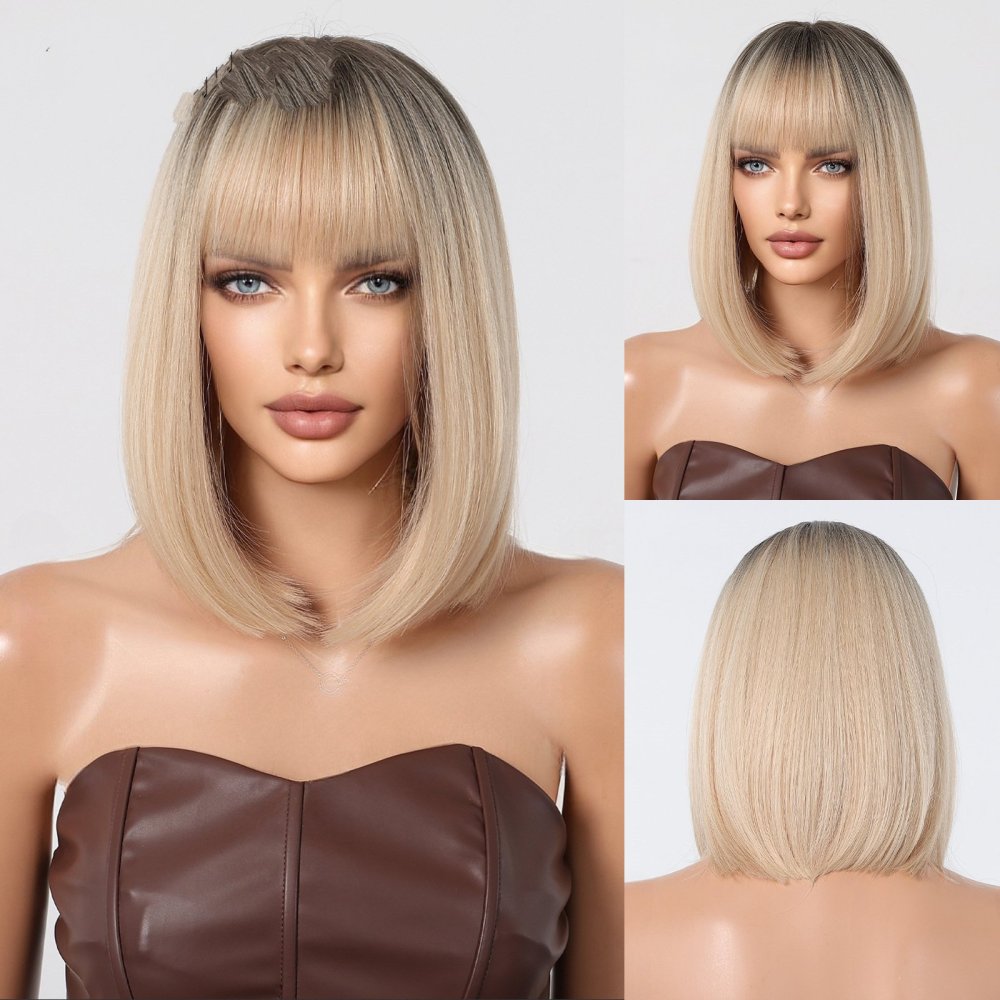 2025 Synthetic Fiber Short Bob Wigs for Women Dark Brown Straight Wig with Bangs Daily Party Hair Heat Resistant