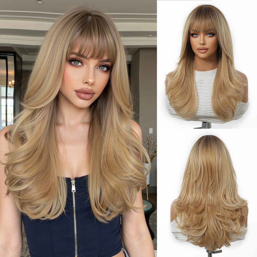 2025 New Long Wavy Synthetic Wigs for Women Blonde to Brown Ombre Wavy Layered Hair Wig With Bangs Daily Wigs