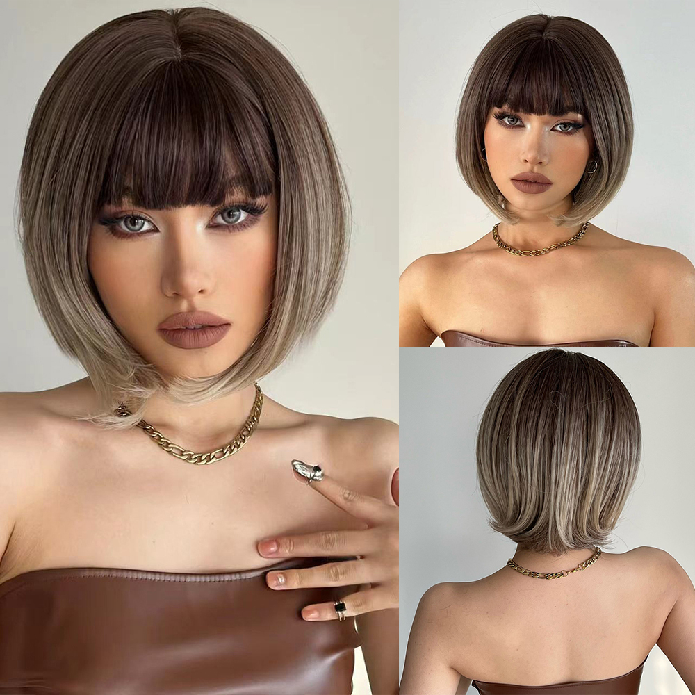 2025 Synthetic Fiber Short Bob Wigs for Women Dark Brown Straight Wig with Bangs Daily Party Hair Heat Resistant