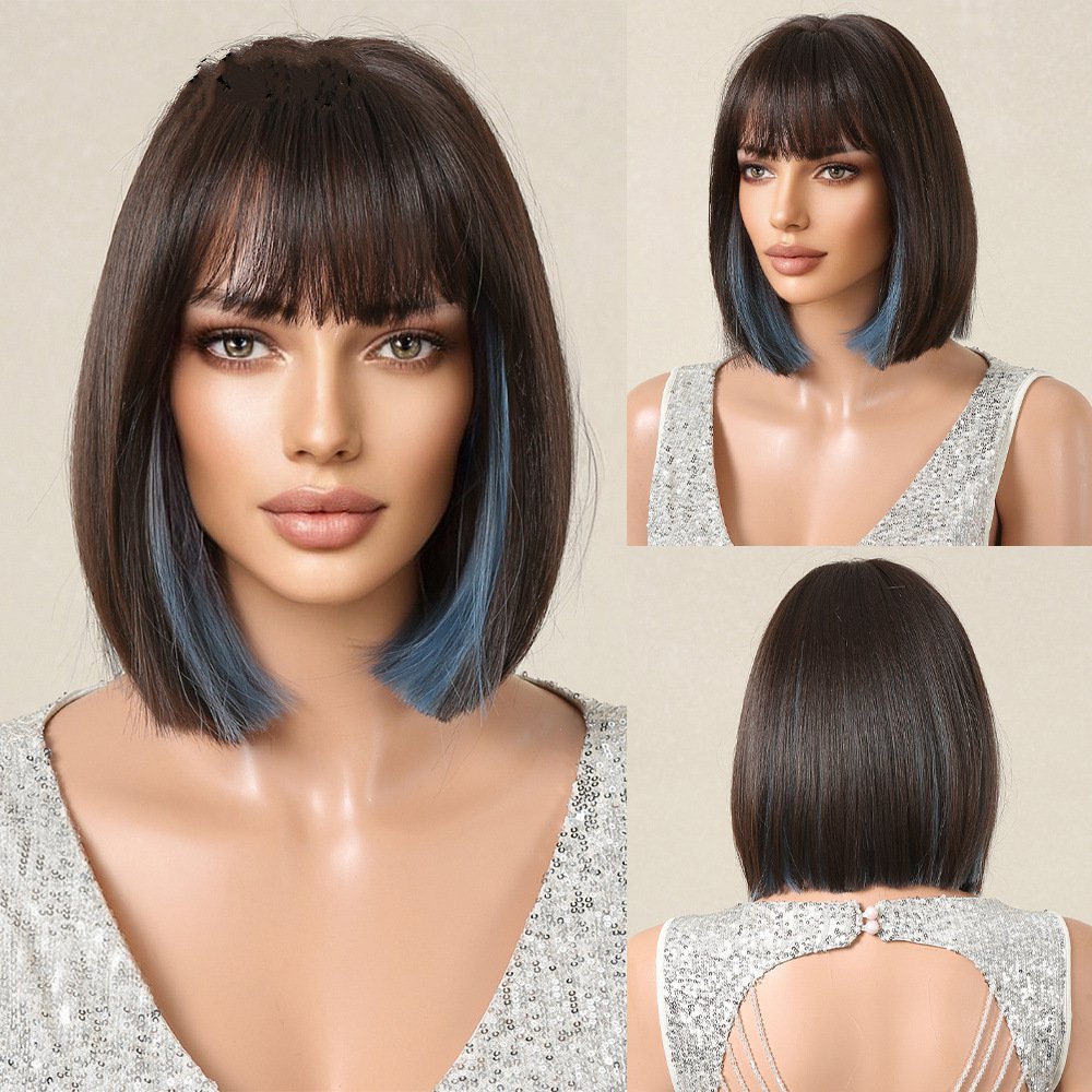 2025 Synthetic Fiber Short Bob Wigs for Women Dark Brown Straight Wig with Bangs Daily Party Hair Heat Resistant
