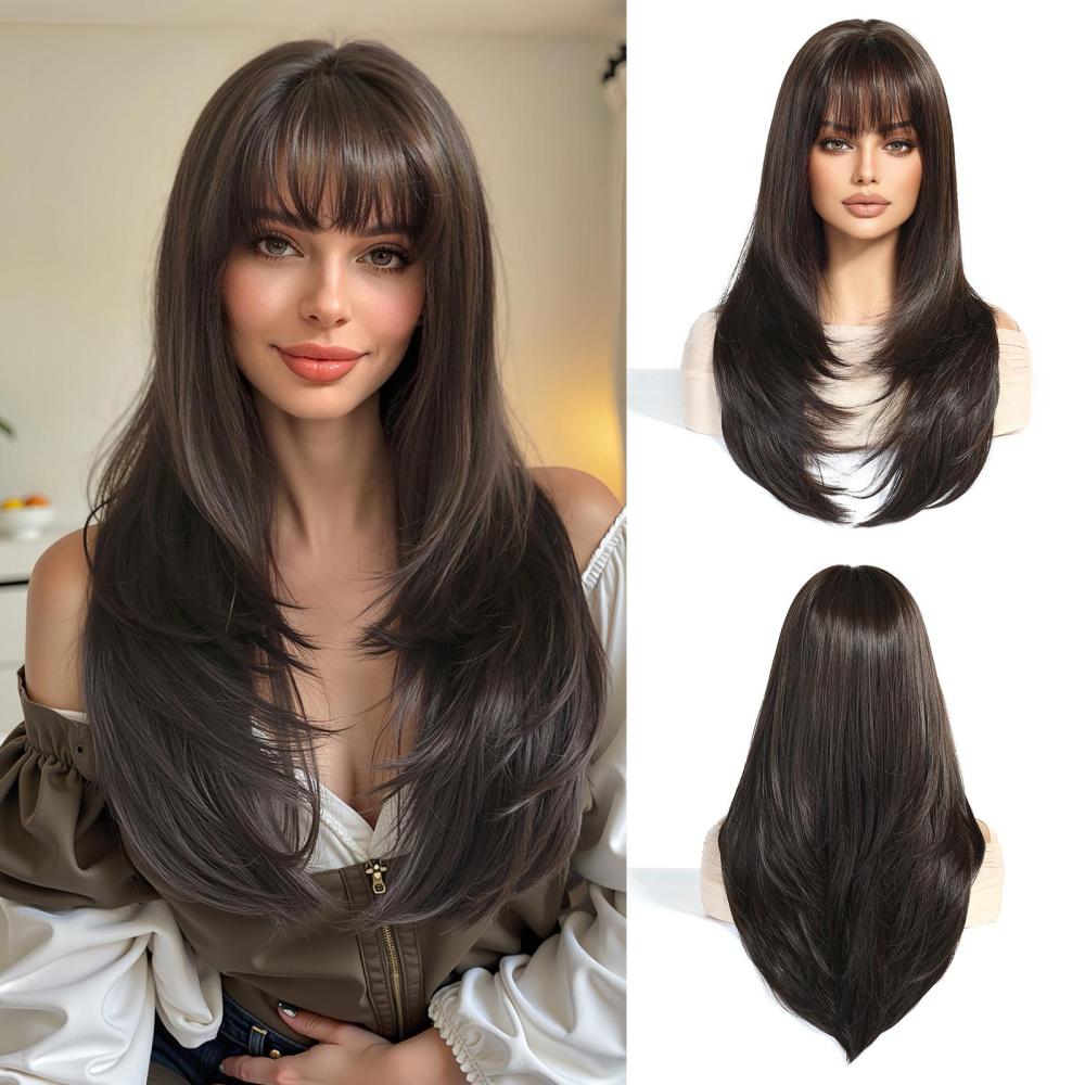 Long  Brown Straight Synthetic Wigs for Women  Ash Brown Natural Hair Wigs With Bangs Daily Use Cosplay Heat Resistant Wigs