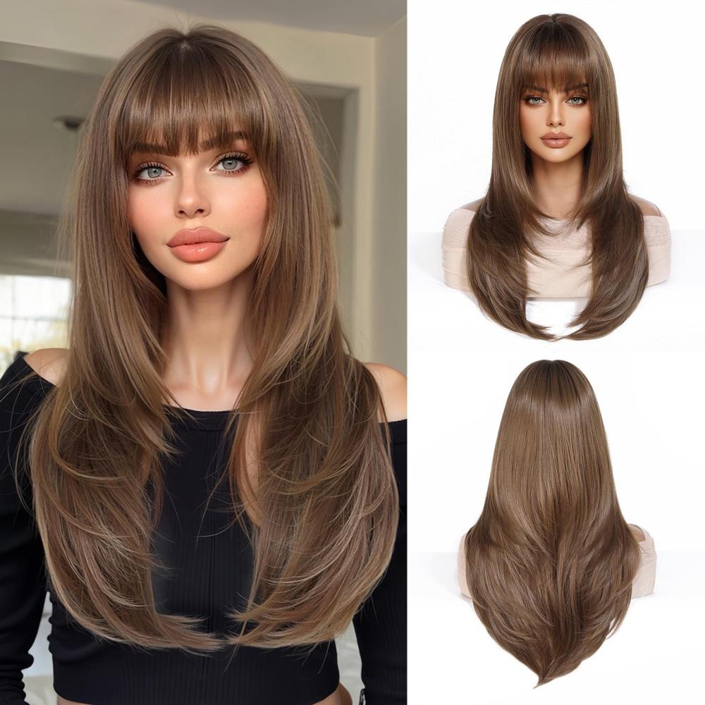 Long  Brown Straight Synthetic Wigs for Women  Ash Brown Natural Hair Wigs With Bangs Daily Use Cosplay Heat Resistant Wigs