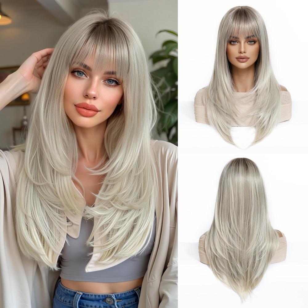 2025 New Long Straight Synthetic Wigs for Women  Ash Brown Natural Hair Wigs With Bangs Daily Use Cosplay Heat Resistant Wigs