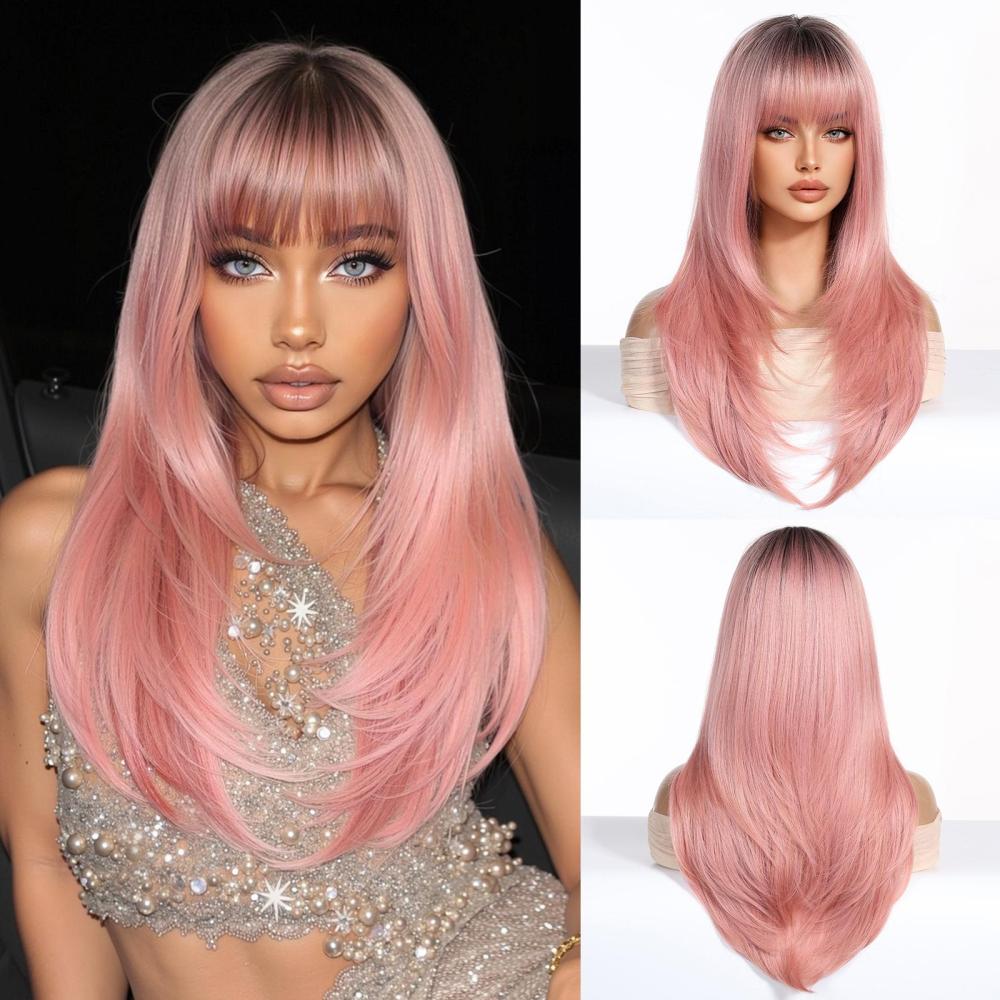 Long  Brown Straight Synthetic Wigs for Women  Ash Brown Natural Hair Wigs With Bangs Daily Use Cosplay Heat Resistant Wigs