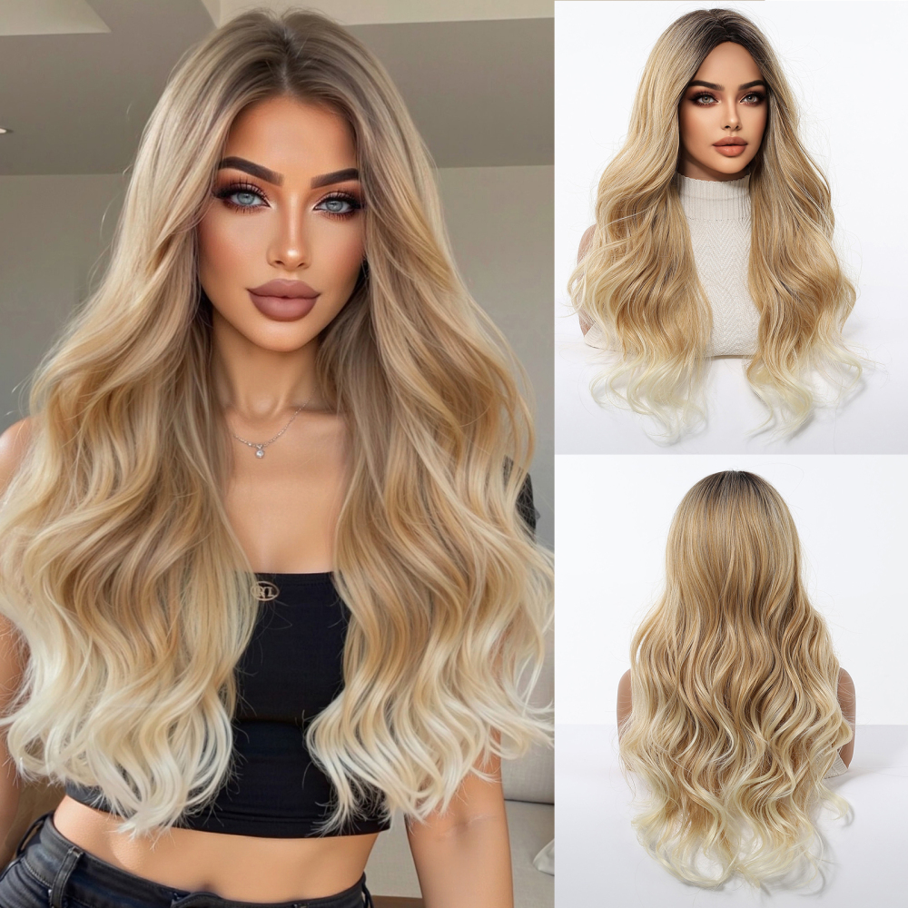 2025 New Long Wavy Synthetic Wigs for Women Blonde to Brown Ombre Wavy Layered Hair Wig With Bangs Daily Wigs