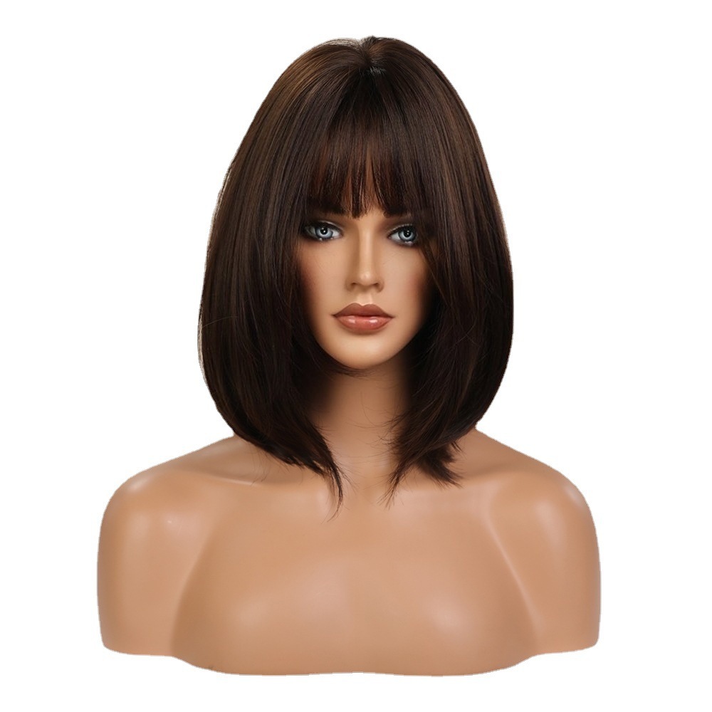 2025 Synthetic Fiber Short Bob Wigs for Women Dark Brown Straight Wig with Bangs Daily Party Hair Heat Resistant