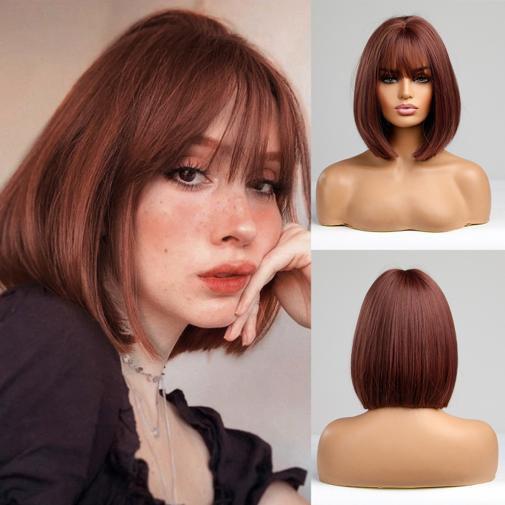 2025 Synthetic Fiber Short Bob Wigs for Women Dark Brown Straight Wig with Bangs Daily Party Hair Heat Resistant