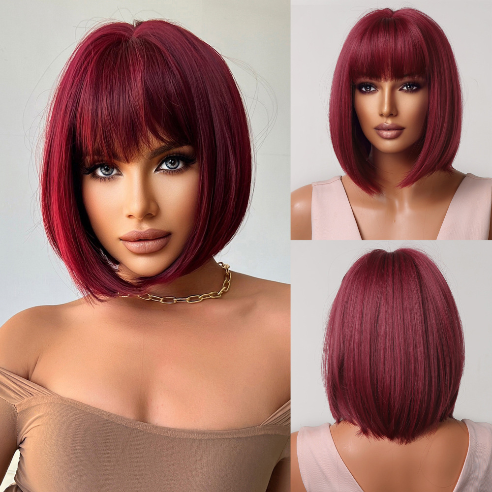 2025 Synthetic Fiber Short Bob Wigs for Women Dark Brown Straight Wig with Bangs Daily Party Hair Heat Resistant
