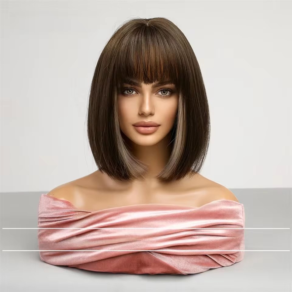 2025 Synthetic Fiber Short Bob Wigs for Women Dark Brown Straight Wig with Bangs Daily Party Hair Heat Resistant