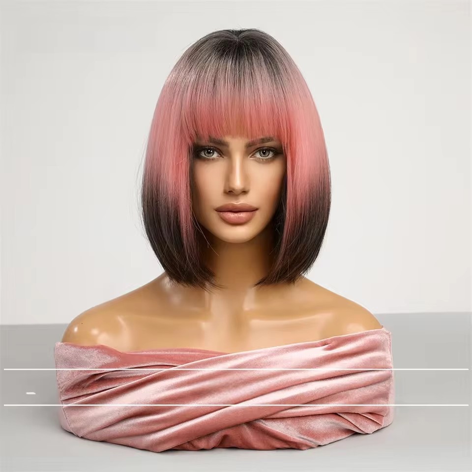 2025 Synthetic Fiber Short Bob Wigs for Women Dark Brown Straight Wig with Bangs Daily Party Hair Heat Resistant
