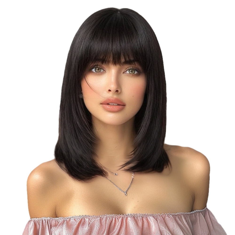 2025 Synthetic Fiber Short Bob Wigs for Women Dark Brown Straight Wig with Bangs Daily Party Hair Heat Resistant