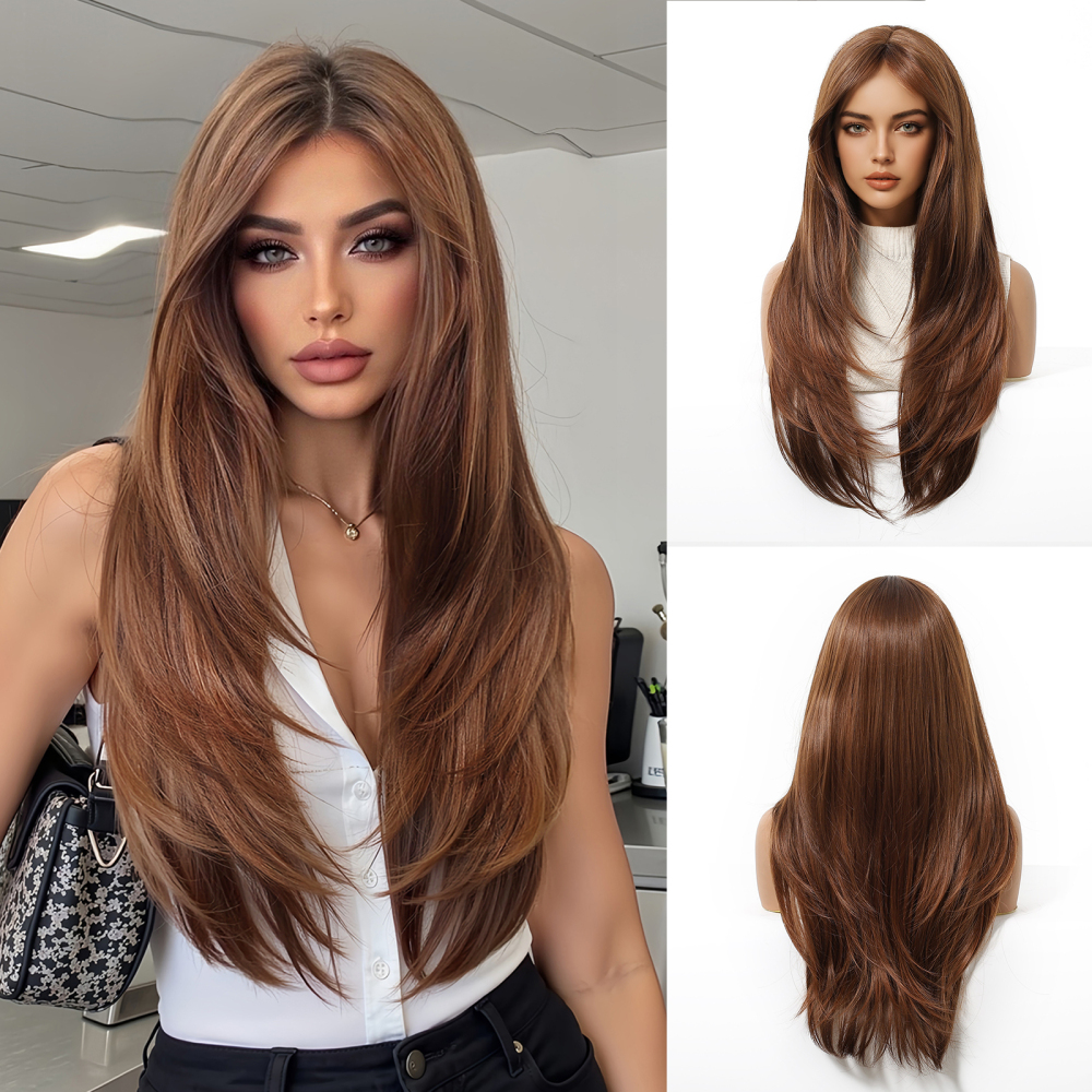 Long  Brown Straight Synthetic Wigs for Women  Ash Brown Natural Hair Wigs With Bangs Daily Use Cosplay Heat Resistant Wigs