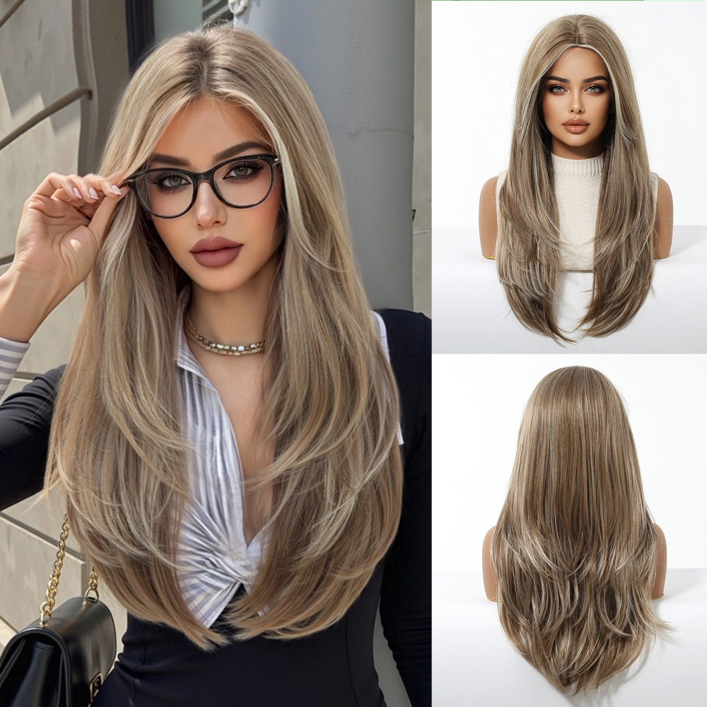 Long  Brown Straight Synthetic Wigs for Women  Ash Brown Natural Hair Wigs With Bangs Daily Use Cosplay Heat Resistant Wigs