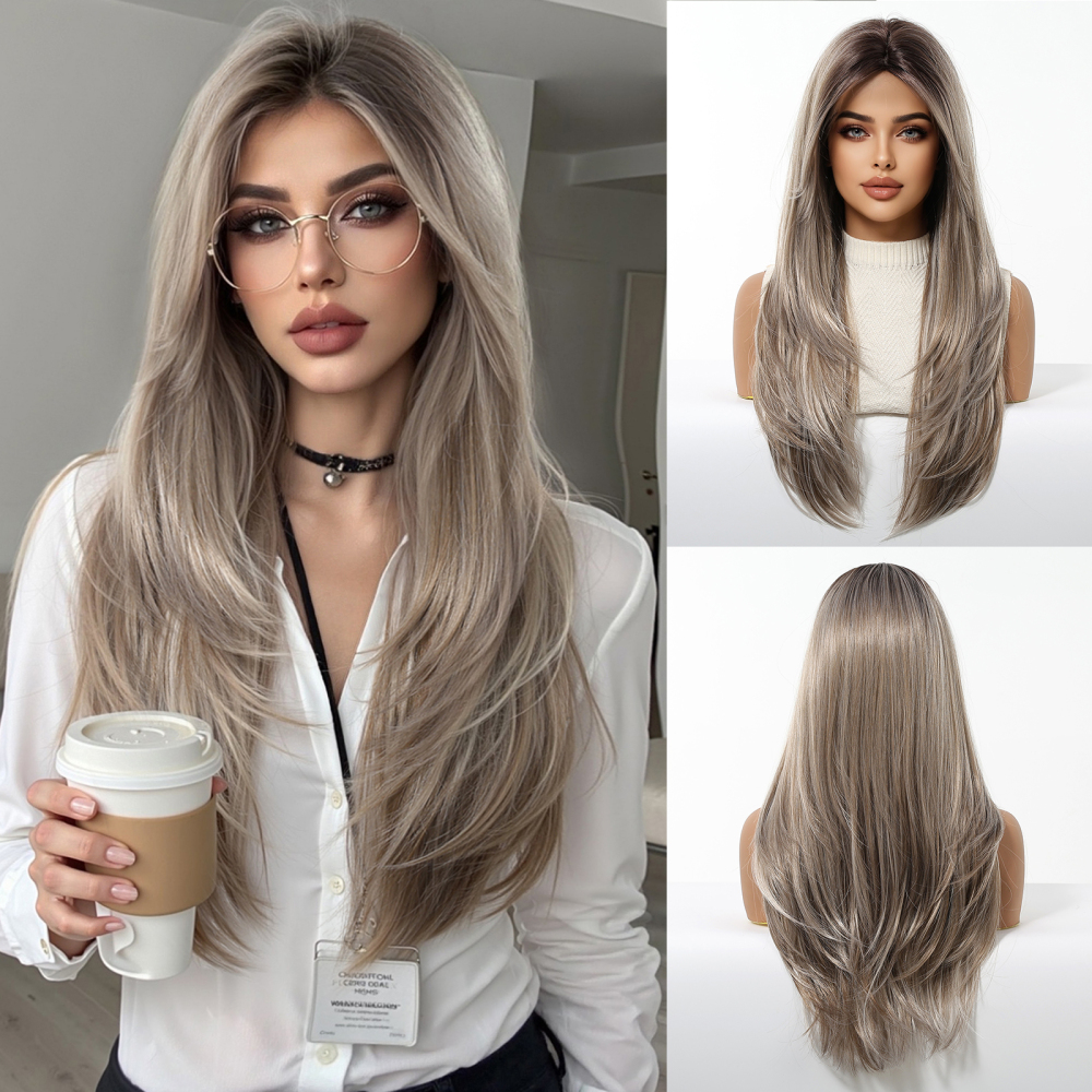 2025 New Long Straight Synthetic Wigs for Women  Ash Brown Natural Hair Wigs With Bangs Daily Use Cosplay Heat Resistant Wigs