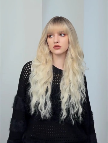 long Wave Blonde Synthetic  Wig with Bangs Women Heat Resistant Synthetic Wigs Non lace Natural Looking Wigs