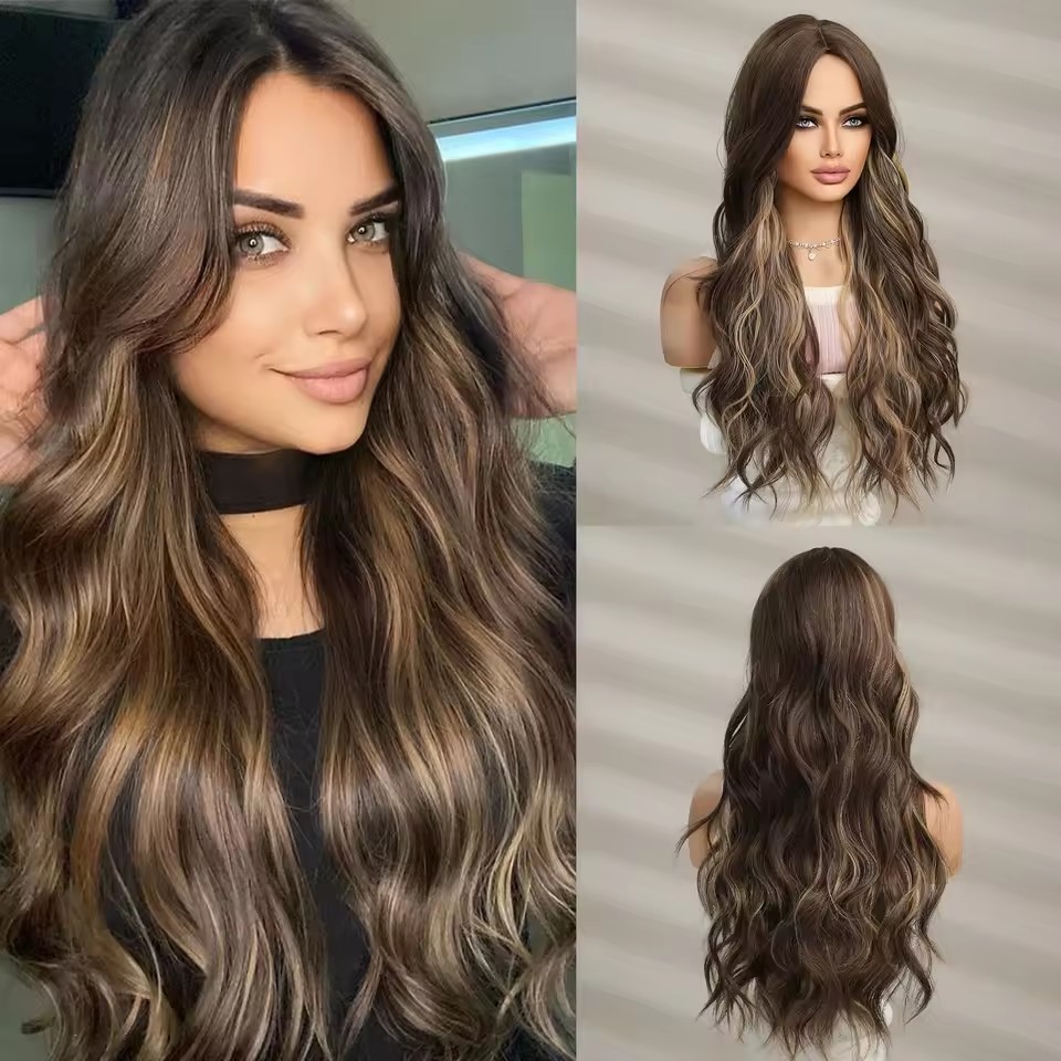 Black Long Natural  Wavy Synthetic Wigs for Women Natural wave Hair Wigs Middle Part Heat Resistant Fiber Daily Use