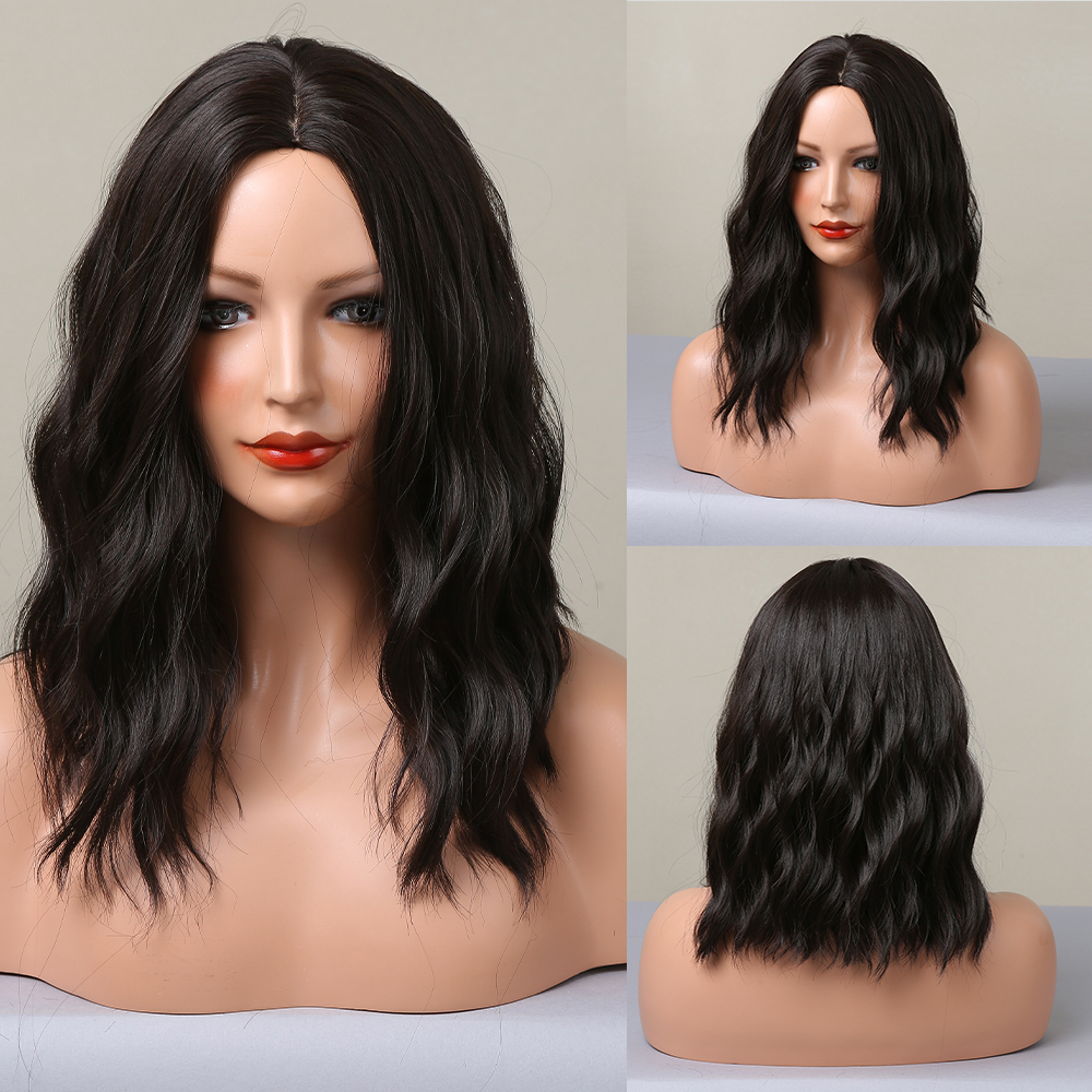 14 inch Short Wave  Brown Bob Wigs With Fringe Shoulder Length  Curly Wavy Synthetic Cosplay Wigs for Women