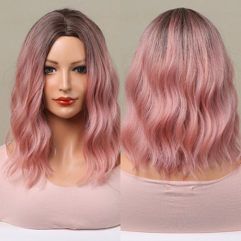 red Copper Ginger Synthetic Wigs with Bangs Medium Water Wave Natural Bob Daily Hair Wigs for Women H