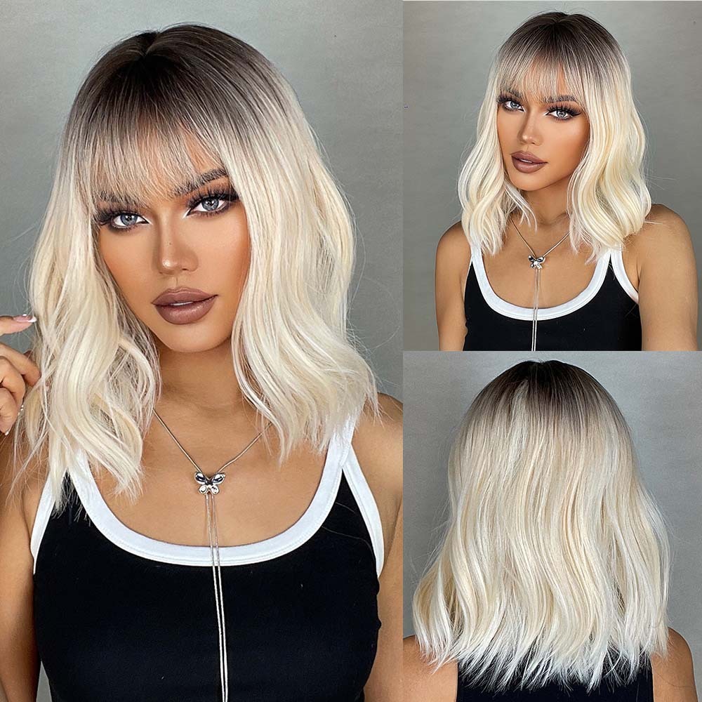 red Copper Ginger Synthetic Wigs with Bangs Medium Water Wave Natural Bob Daily Hair Wigs for Women H