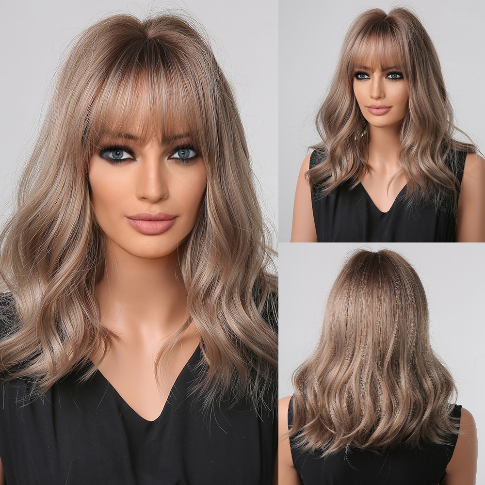 Short Bob Blonde Synthetic Wigs with Bangs Machine Made Medium Water Wave Natural Bob Daily Wigs for Women