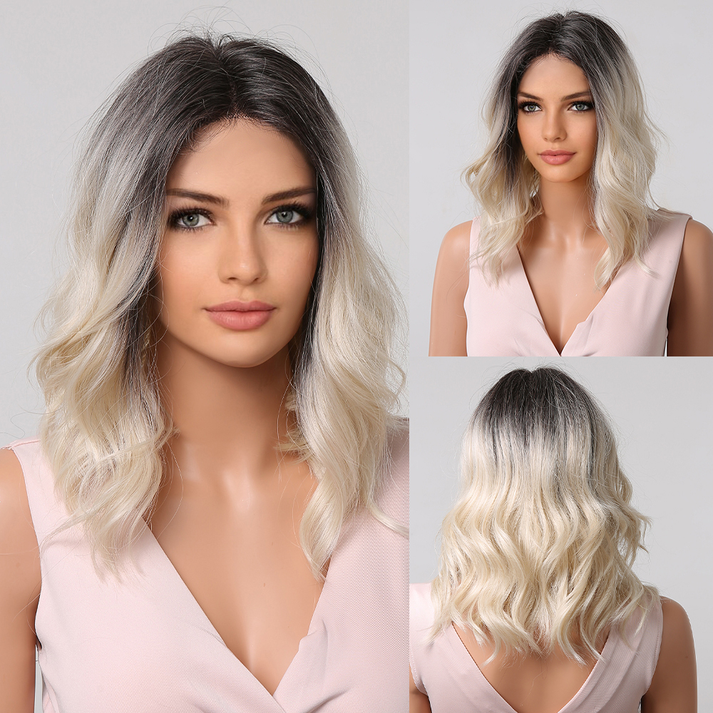 Short Bob Blonde Synthetic Wigs with Bangs Machine Made Medium Water Wave Natural Bob Daily Wigs for Women