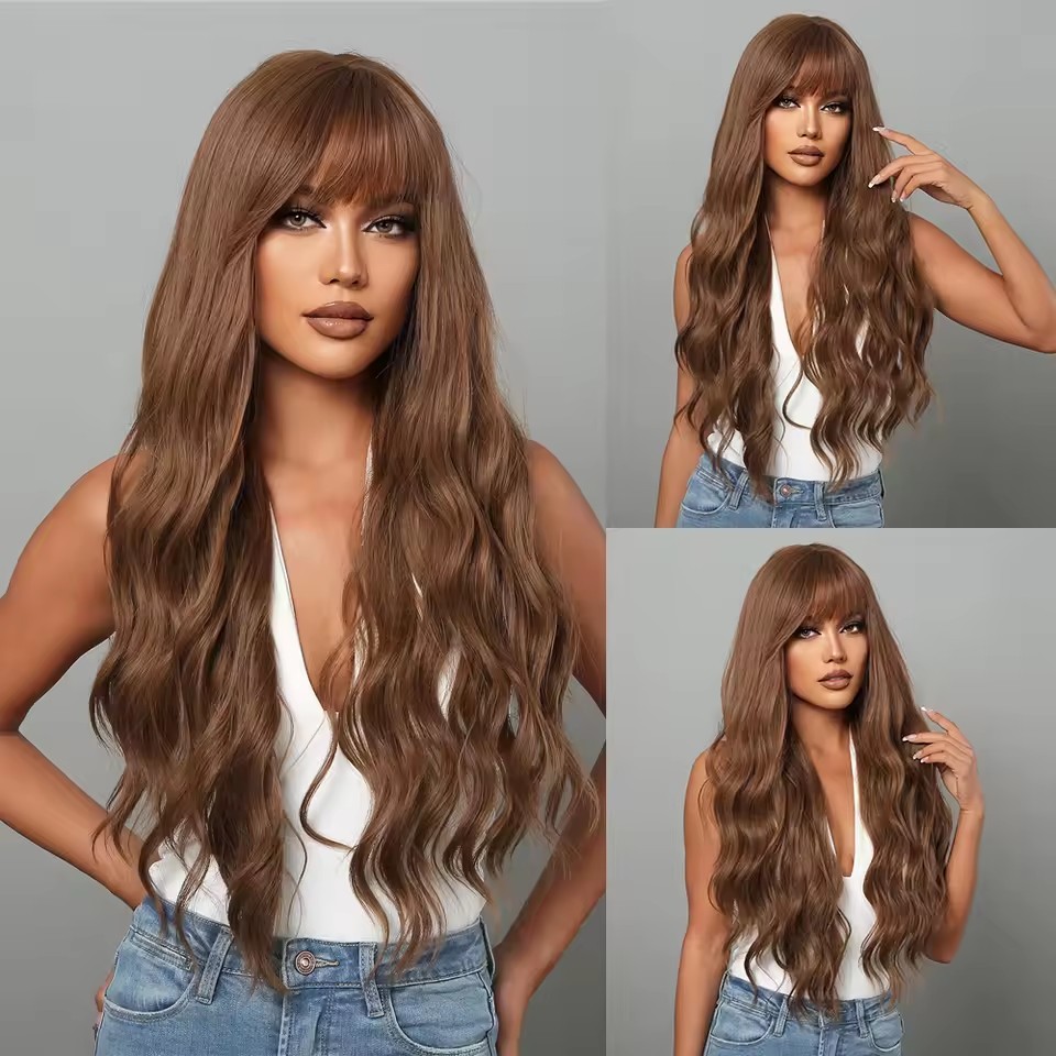 Long Wavy Synthetic Wigs with Bangs  for Women Natural  Black Cosplay Wigs  Body Wave Heat Resistant Wig