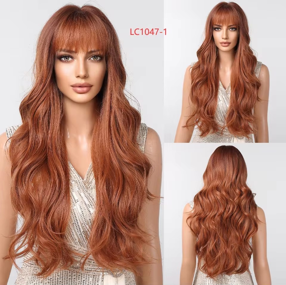 Long Wavy Synthetic Wigs with Bangs  for Women Natural  Black Cosplay Wigs  Body Wave Heat Resistant Wig