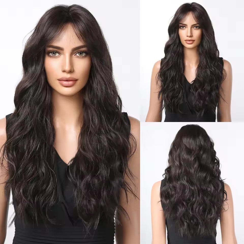 Long Wavy Synthetic Wigs with Bangs  for Women Natural  Black Cosplay Wigs  Body Wave Heat Resistant Wig