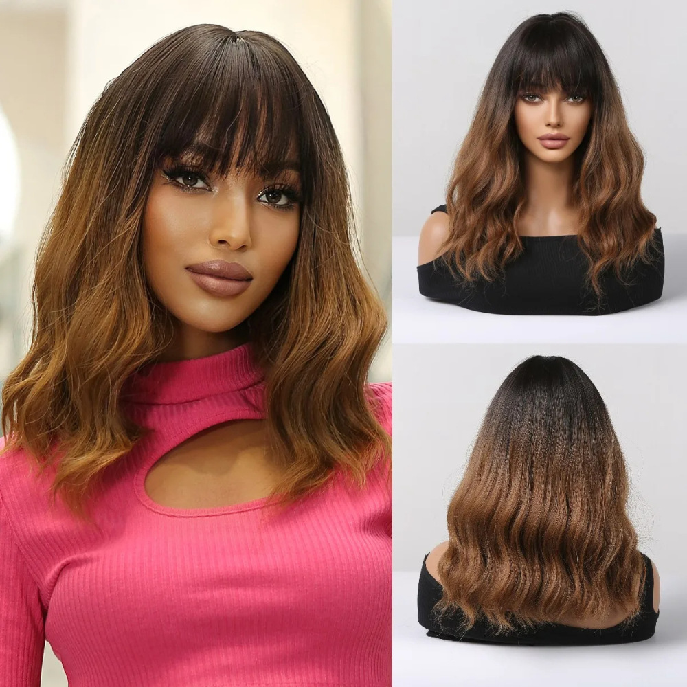 Short Bob Blonde Synthetic Wigs with Bangs Machine Made Medium Water Wave Natural Bob Daily Wigs for Women