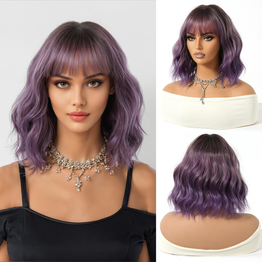 14 inch Short Wave  Brown Bob Wigs With Fringe Shoulder Length  Curly Wavy Synthetic Cosplay Wigs for Women