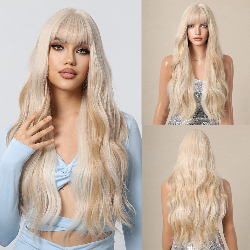 Copper Ginger Long Wavy Synthetic Wigs Red Yellow Wig with Bangs for Women Natural Cosplay Body Wave Heat Resistant Wig