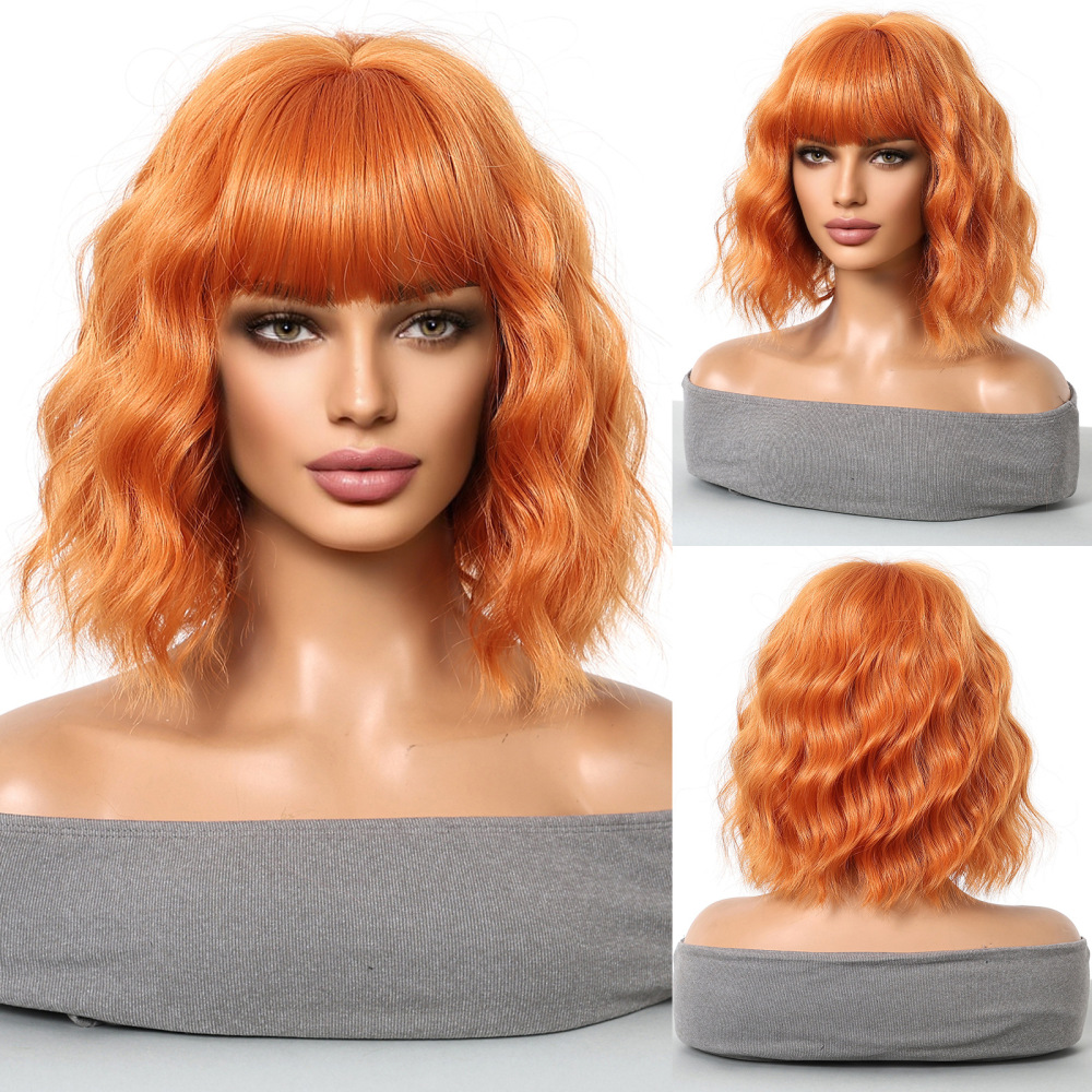 Medium Golden Blonde Loose wave synthetic Hair Wig with Bangs Cosplay Party Daily bob Wigs for Women