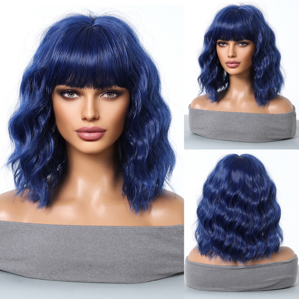 Medium Golden Blonde Loose wave synthetic Hair Wig with Bangs Cosplay Party Daily bob Wigs for Women