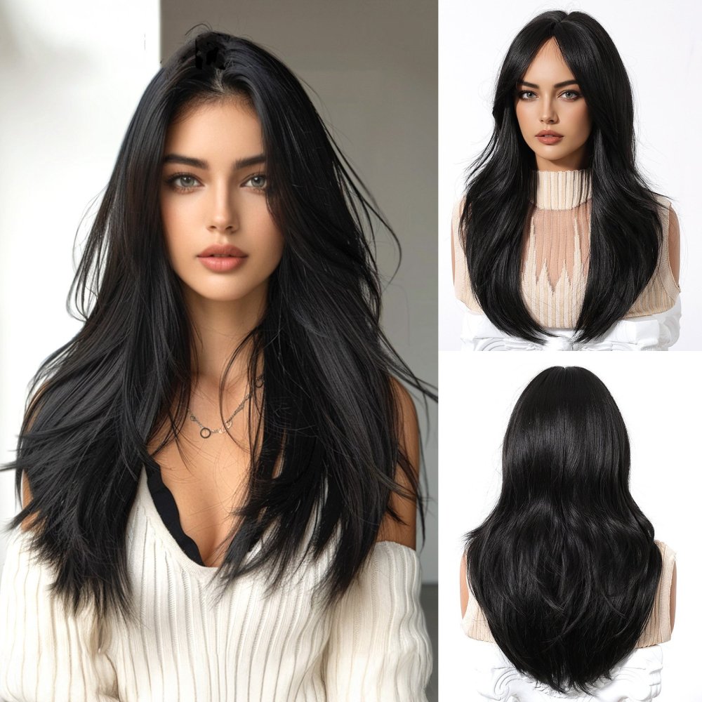Black Long Natural  Wavy Synthetic Wigs for Women Natural wave Hair Wigs Middle Part Heat Resistant Fiber Daily Use