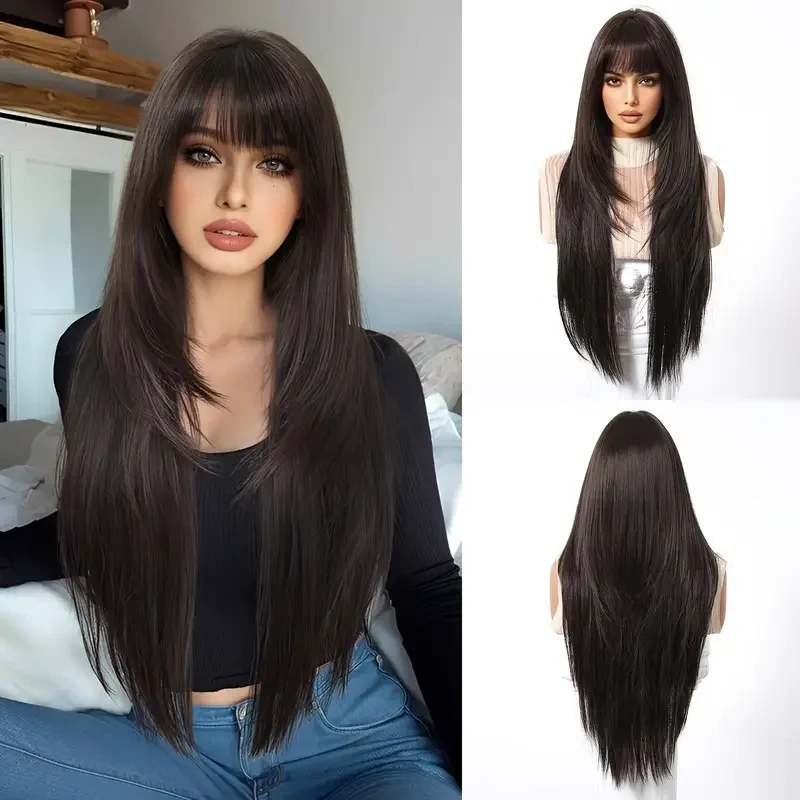 Natural Long Straight Synthetic Wig  for Women Fashion Wig  with Bangs for for Daily Halloween Costume Party Cosplay