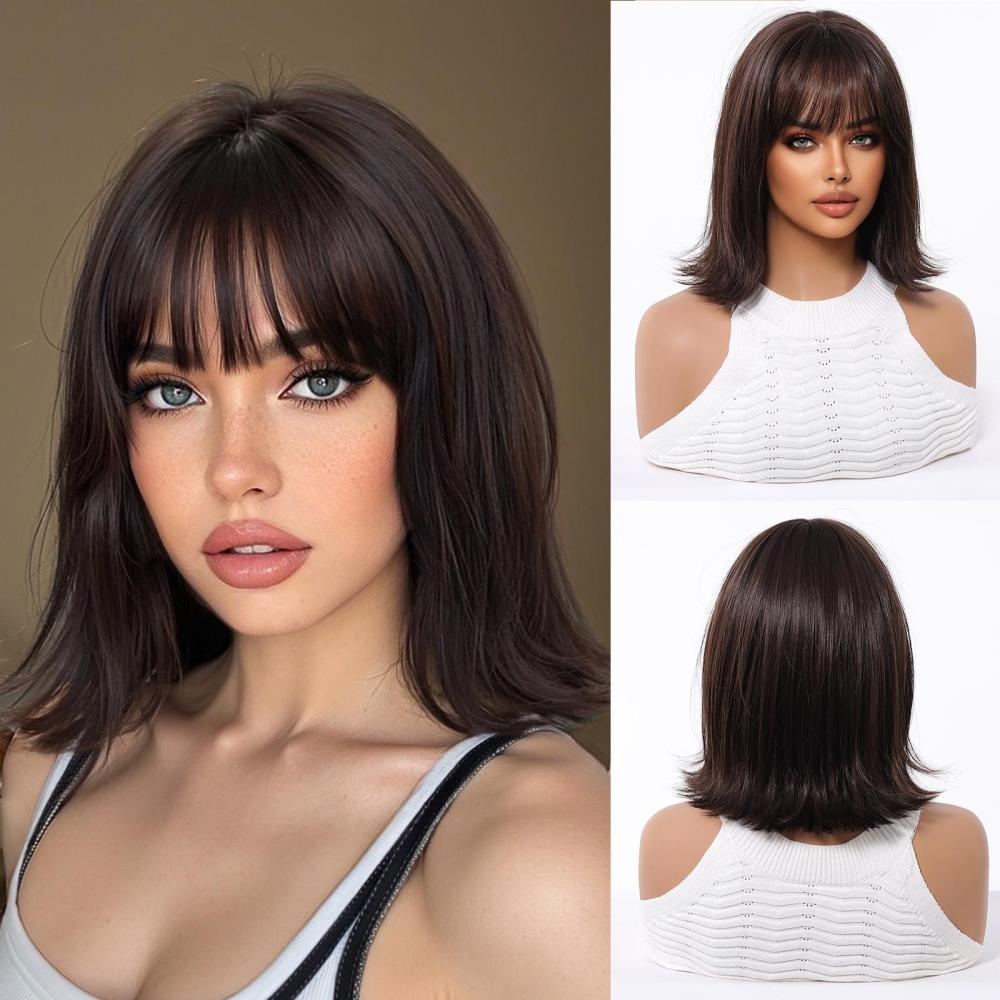 2025 new Black Bob Synthetic Wigs with bangs Medium  Daily Party  Wig for Women Heat Resistant Natural wig