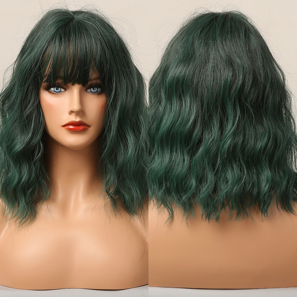 red Copper Ginger Synthetic Wigs with Bangs Medium Water Wave Natural Bob Daily Hair Wigs for Women H