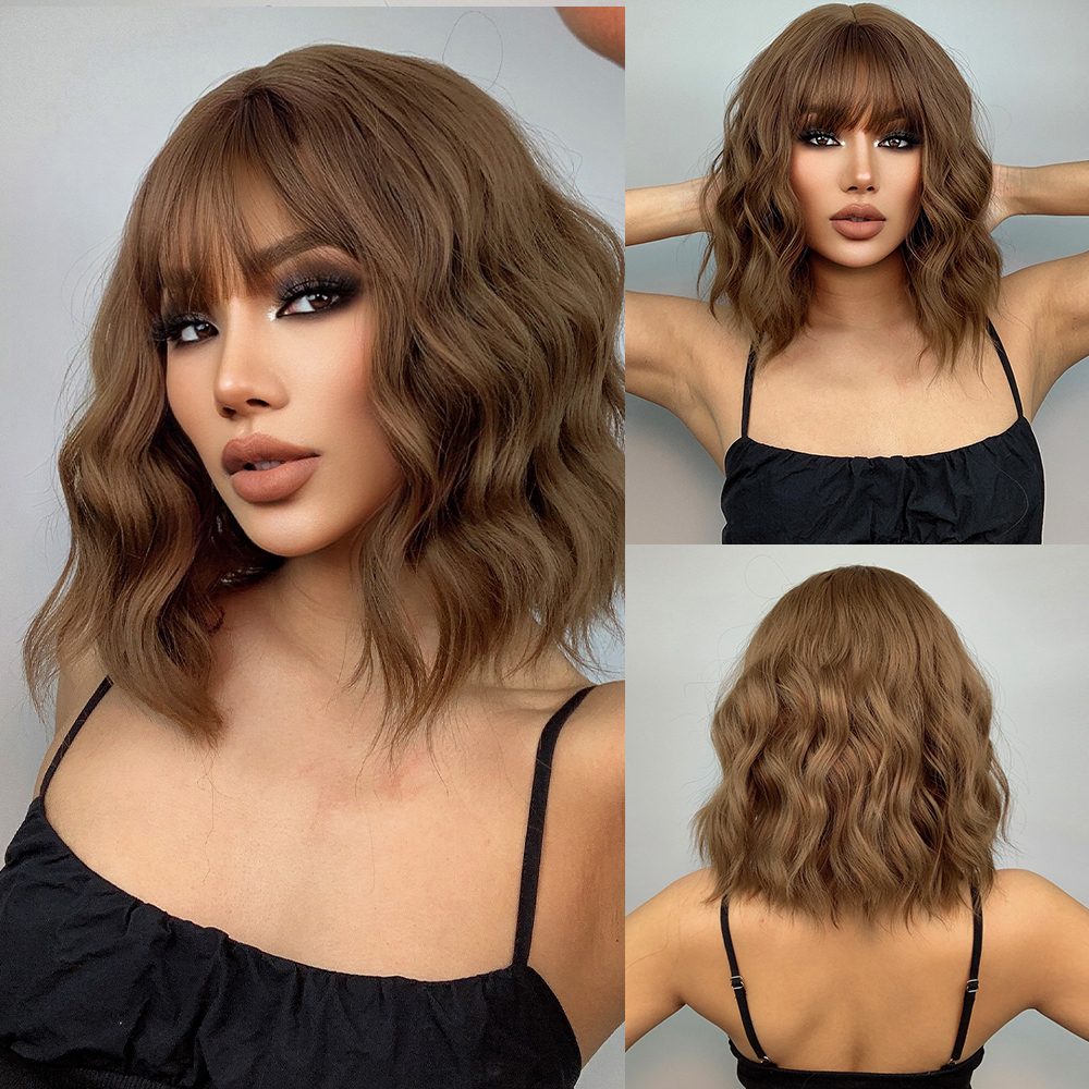 red Copper Ginger Synthetic Wigs with Bangs Medium Water Wave Natural Bob Daily Hair Wigs for Women H
