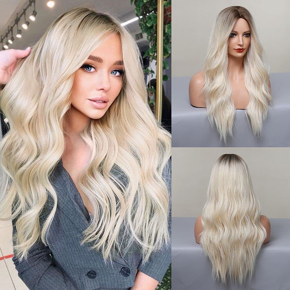 Black Long Natural  Wavy Synthetic Wigs for Women Natural wave Hair Wigs Middle Part Heat Resistant Fiber Daily Use