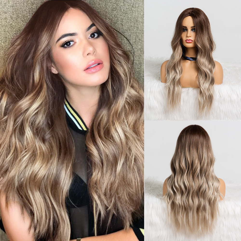 Long Body Wave Synthetic  Wigs for Women Brown Ombre to Blonde T Part  synthetic Wig Colored Highlight Hair
