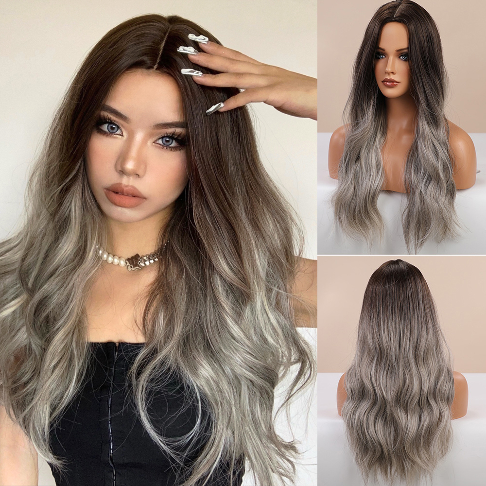 Long Body Wave Synthetic  Wigs for Women Brown Ombre to Blonde T Part  synthetic Wig Colored Highlight Hair
