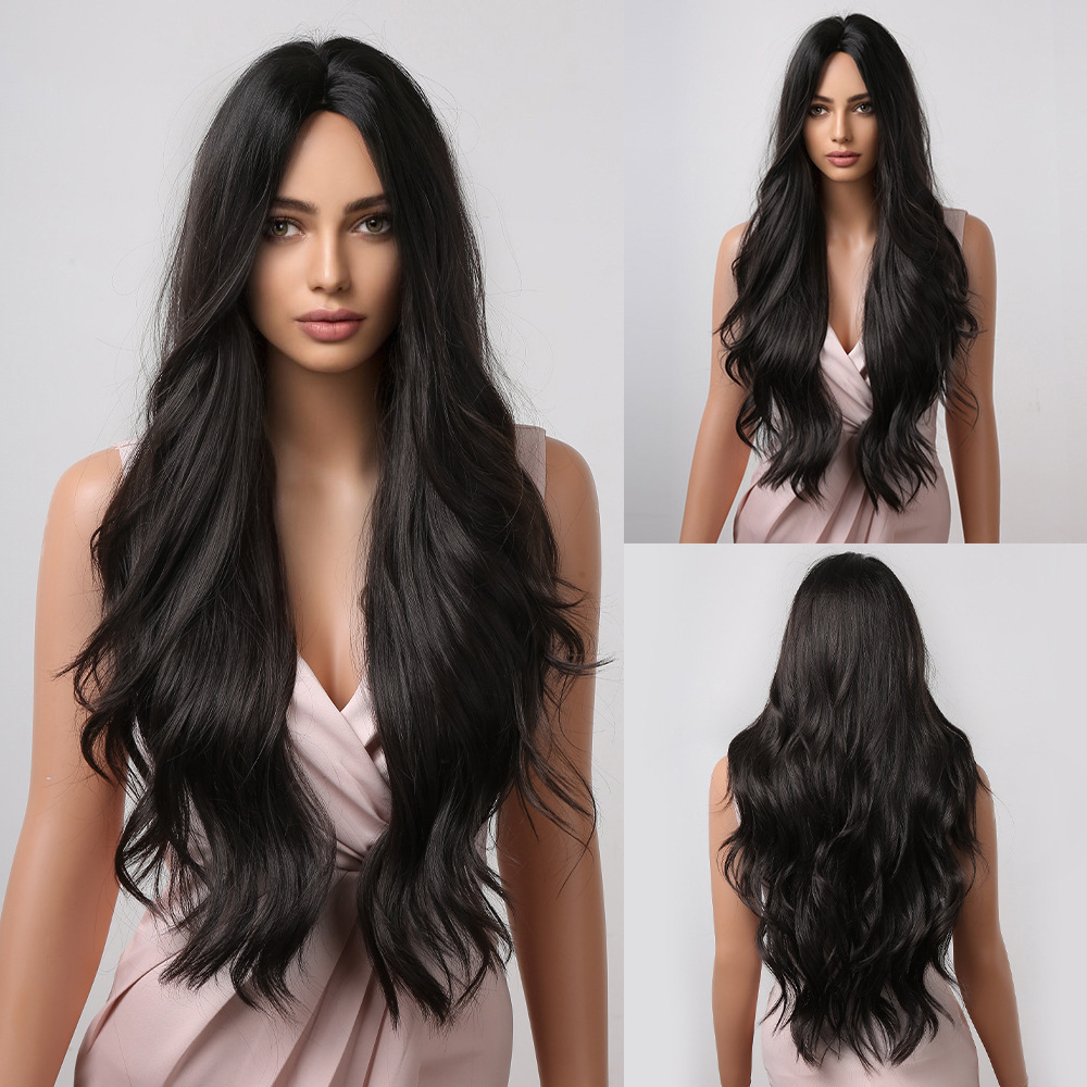 Black Long Natural  Wavy Synthetic Wigs for Women Natural wave Hair Wigs Middle Part Heat Resistant Fiber Daily Use