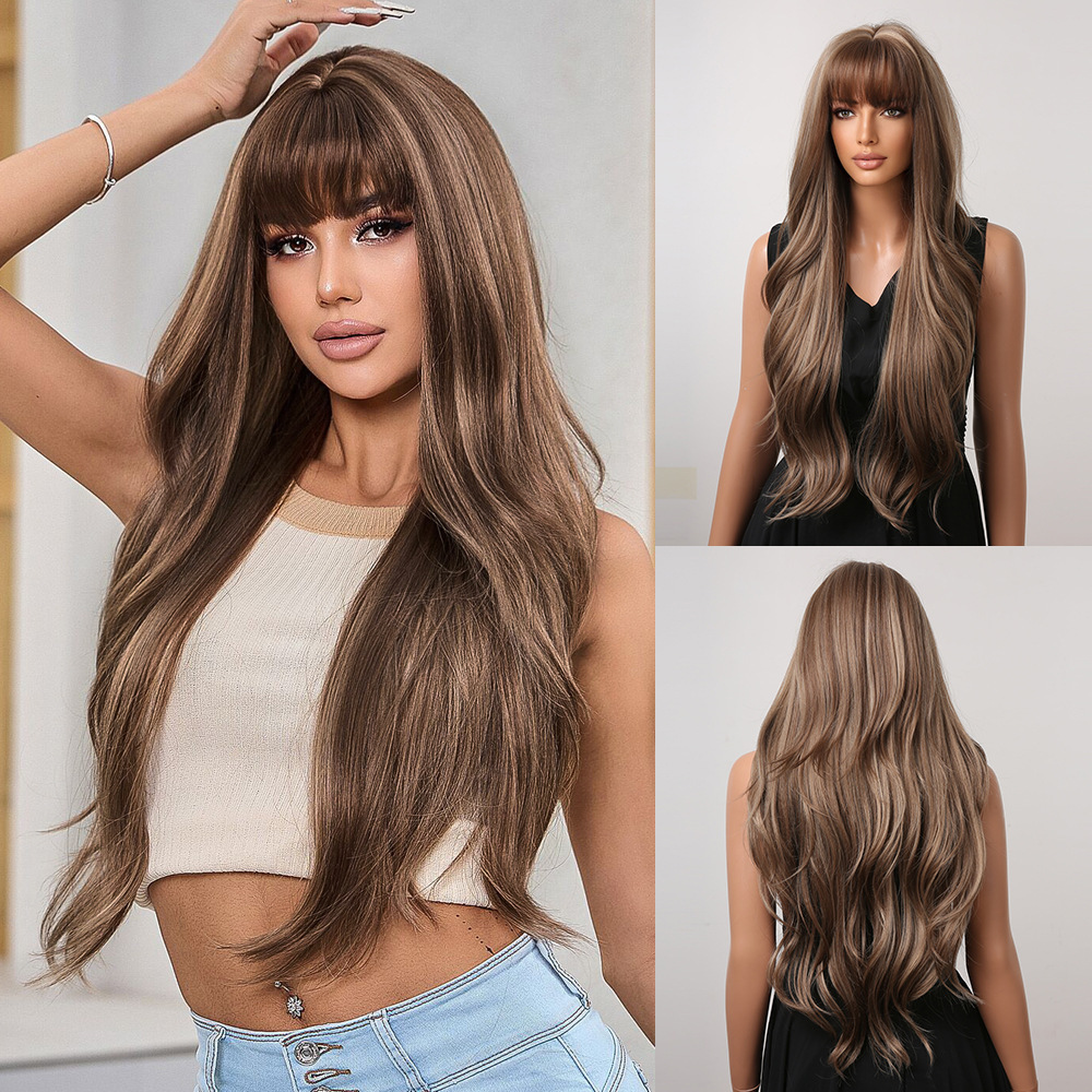 Long Wavy Synthetic Wigs with Bangs  for Women Natural  Black Cosplay Wigs  Body Wave Heat Resistant Wig
