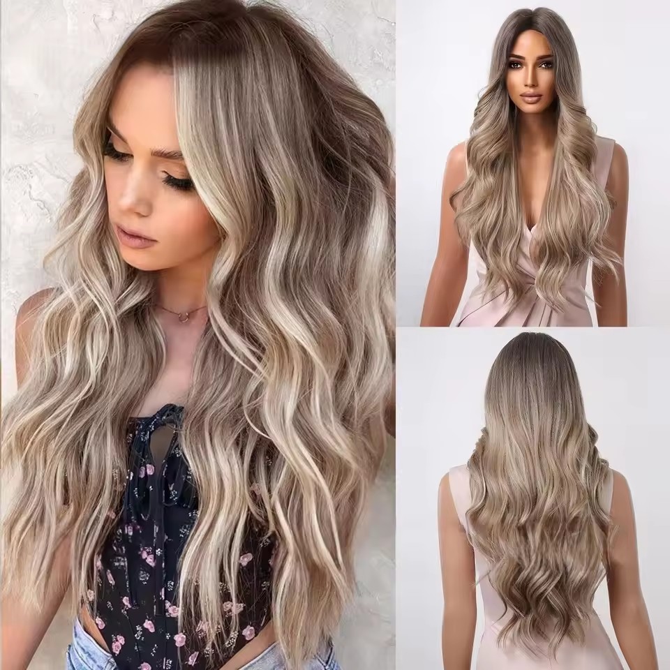 Long Body Wave Synthetic  Wigs for Women Brown Ombre to Blonde T Part  synthetic Wig Colored Highlight Hair