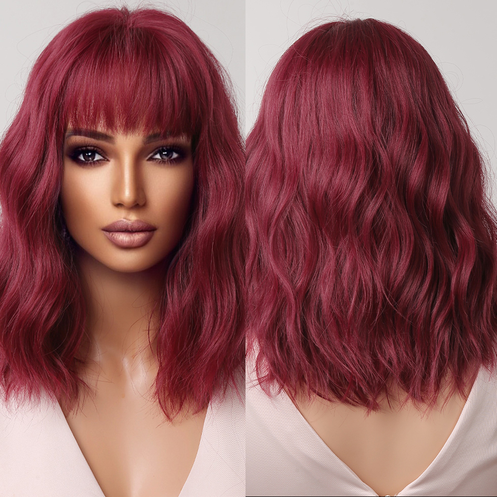 14 inch Short Wave  Brown Bob Wigs With Fringe Shoulder Length  Curly Wavy Synthetic Cosplay Wigs for Women