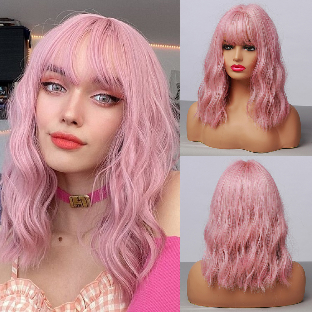 red Copper Ginger Synthetic Wigs with Bangs Medium Water Wave Natural Bob Daily Hair Wigs for Women H