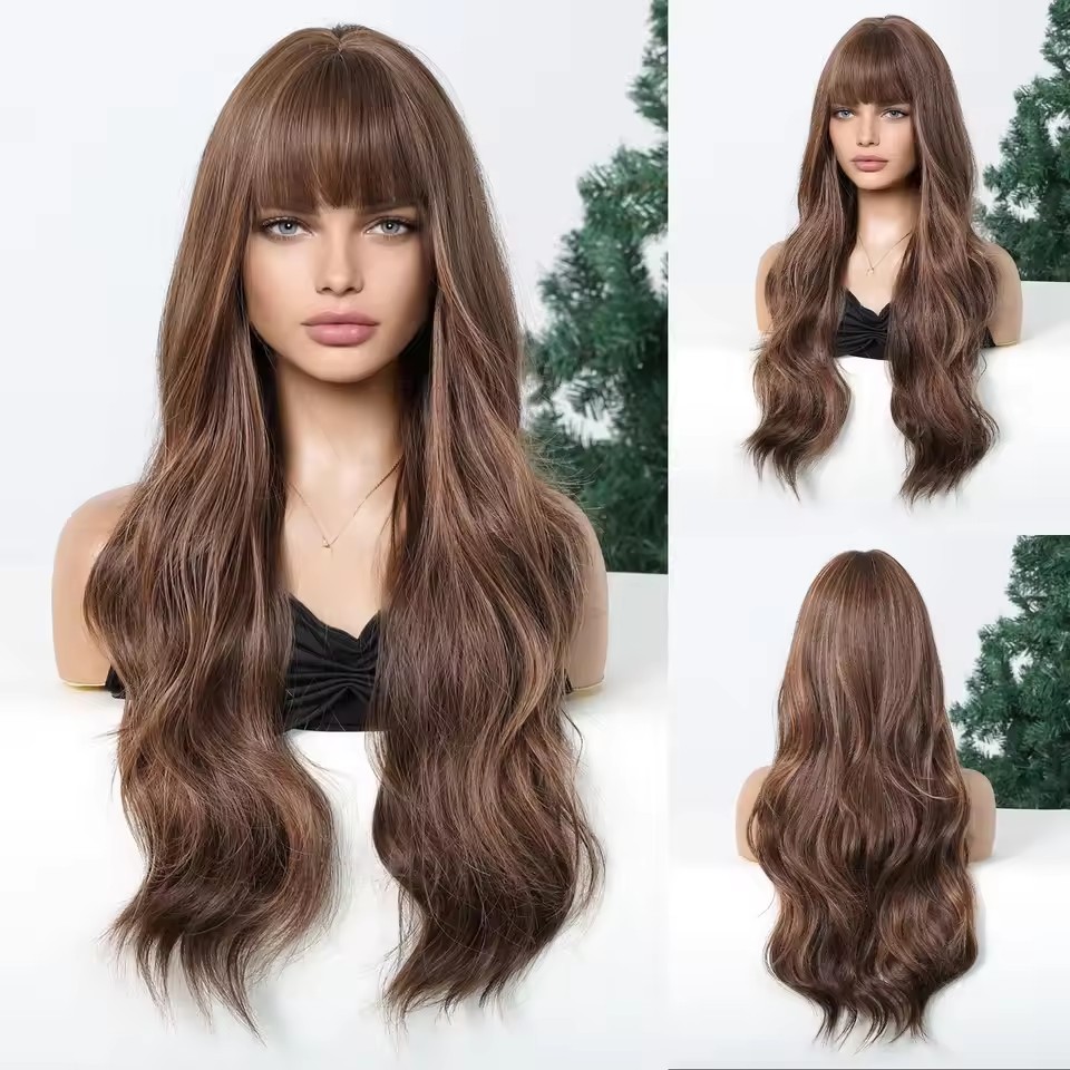 Long Wavy Synthetic Wigs with Bangs  for Women Natural  Black Cosplay Wigs  Body Wave Heat Resistant Wig