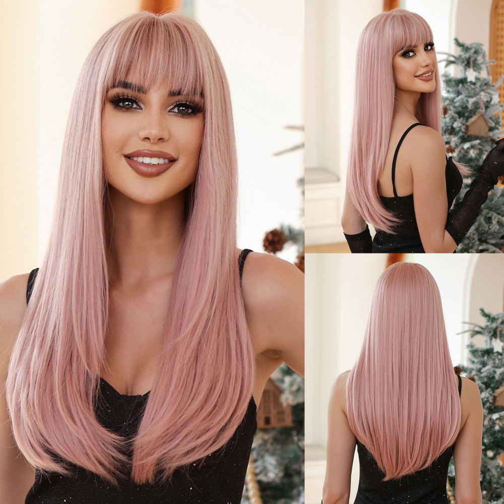 long Straight Synthetic Wig with Bangs Ombre Brown  Blonde Women Hair Wigs with Bangs for Cosplay Party Daily Heat Resistant
