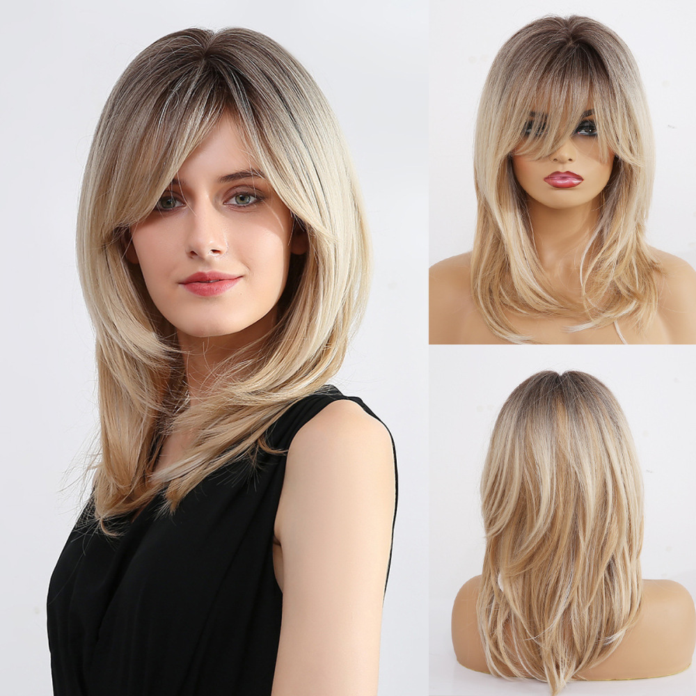 ombre Blonde Wigs for Women,ShoulderLength wig with Bangs Synthetic Hair Layered Wigs Heat Resistant Fibre for Daily Party Use