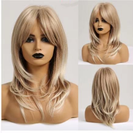 ombre Blonde Wigs for Women,ShoulderLength wig with Bangs Synthetic Hair Layered Wigs Heat Resistant Fibre for Daily Party Use